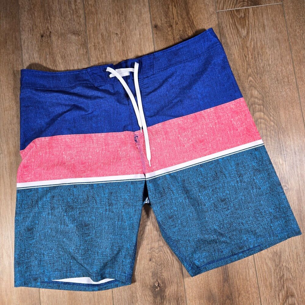 Old Navy Board Shorts Men’s 40 Blue Pink Striped Swim Trunks Stretch Beachwear